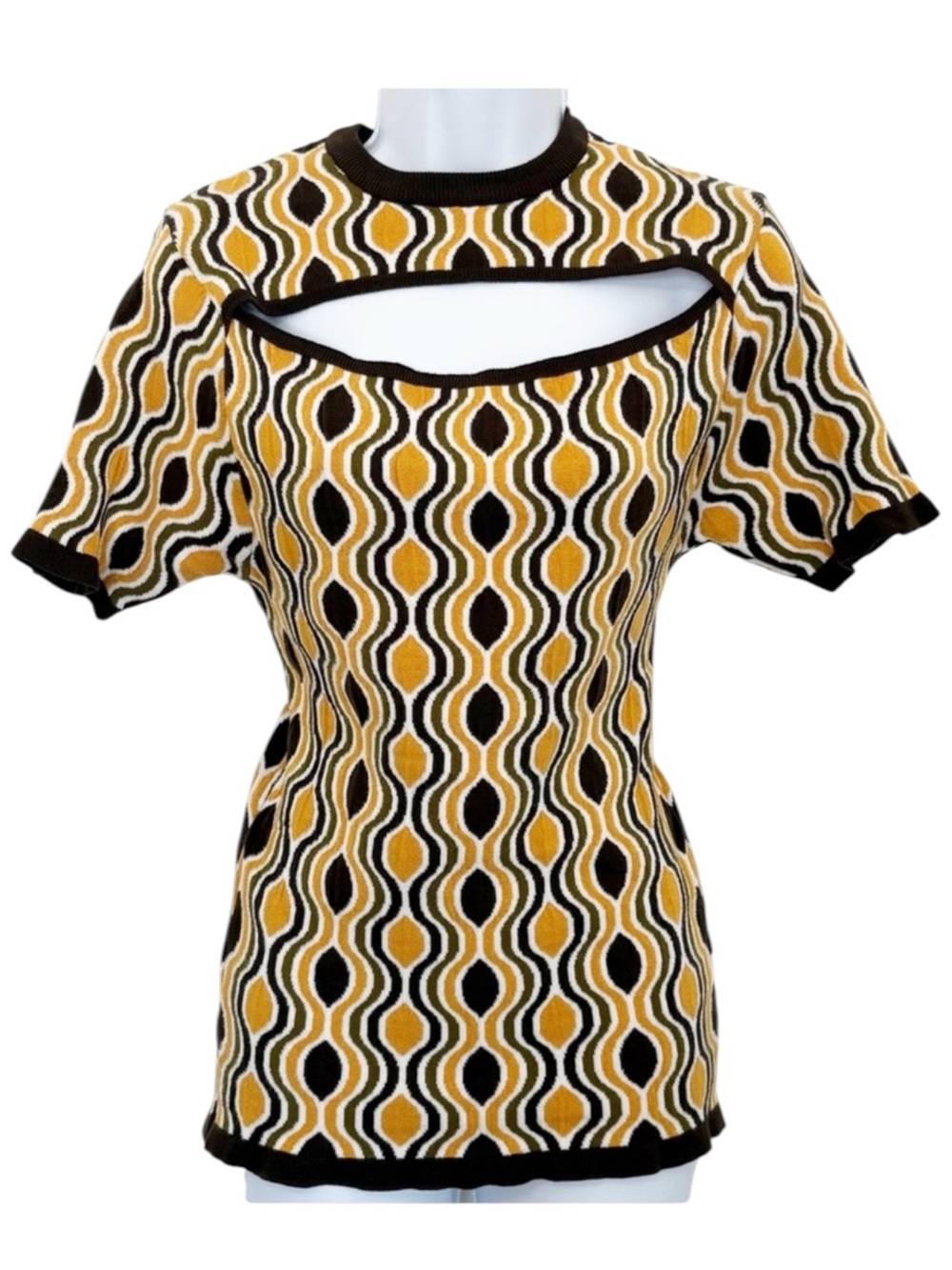 ASOS Design Retro Mod Geometric Knit Top Cutout Neck Y2K Brown Yellow Small